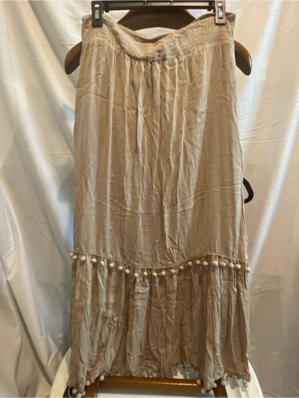 Chico's Beige Maxi Skirt with Pom Trim